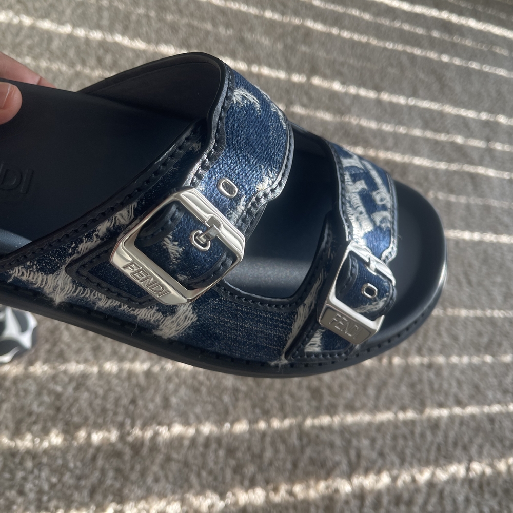 Fendi Denim Slide Sandals with Silver Buckles